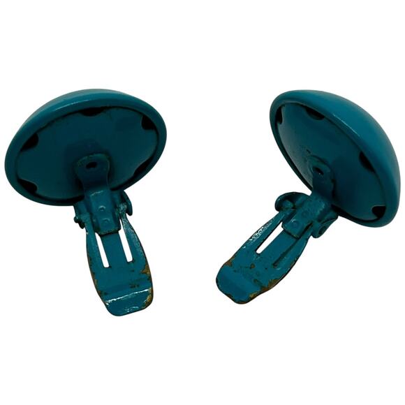 Vintage Teal Button Clip-On Earrings, Round Metal Statement Accessories - Picture 7 of 8